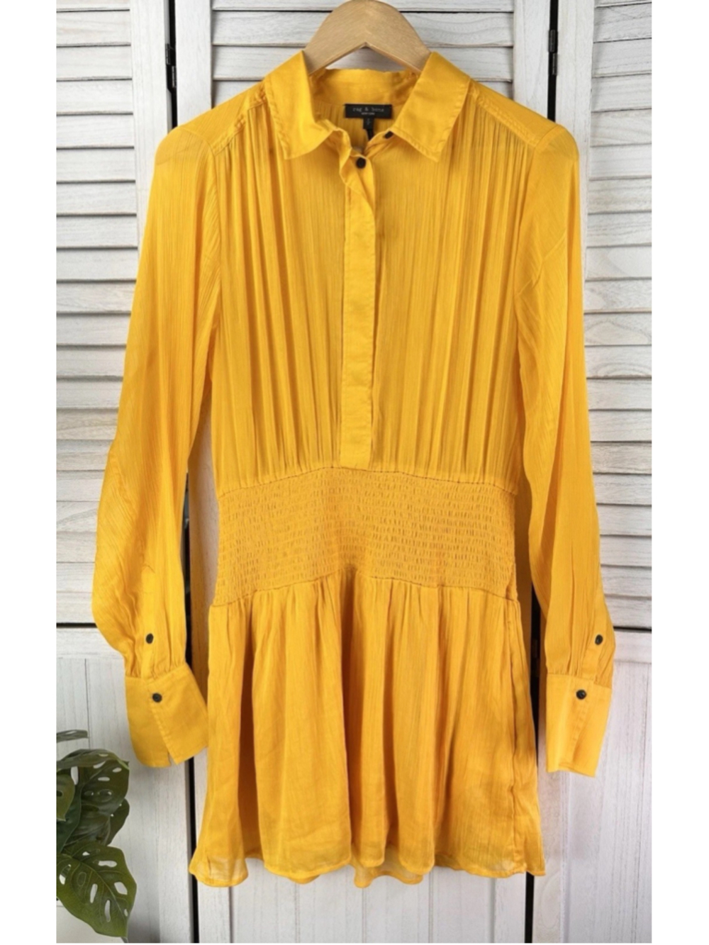 Rag & Bone Bailey Women’s Mini Dress Deep Yellow Long Sleeve Smocked Size Small